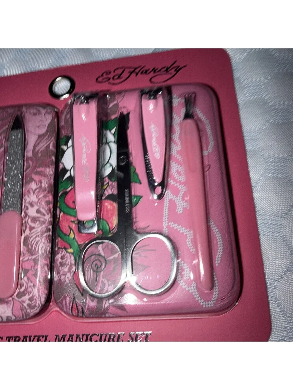 Ed Hardy 7 Pc Manicure Set Pink Nail Clippers Scissors File Travel Kit New